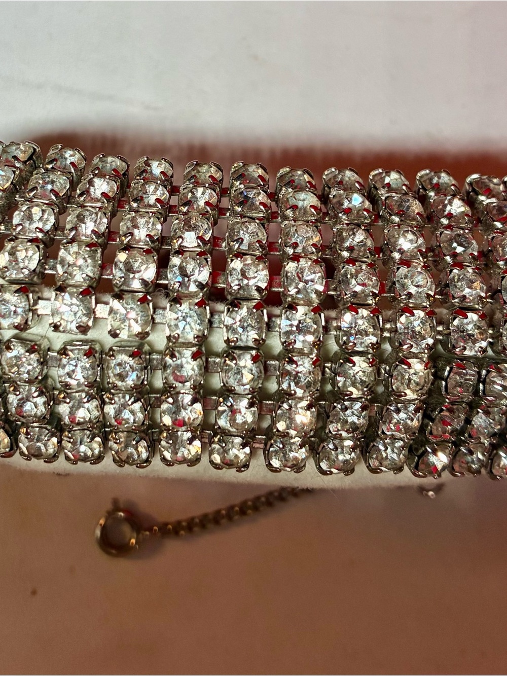 Vintage 8” clear Rhinestone 8 Multi-Row curved Bracelet with safety chain silver